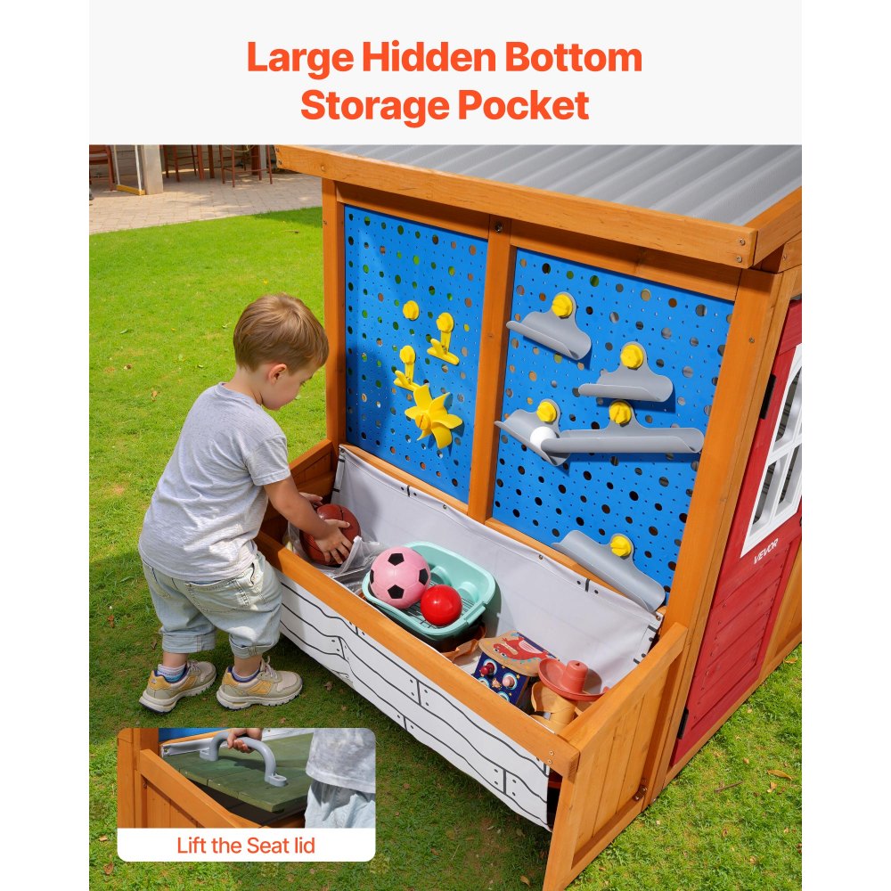 VEVOR Outdoor Playhouse, Cedar Wooden Kids Playhouse with Bird Nest, Doorbell, Trash Bin, Gravity Wall Set, Storage Pocket, Windowsill, Wooden Kids Cottage for Aged 3 to 10, Rounded Corners