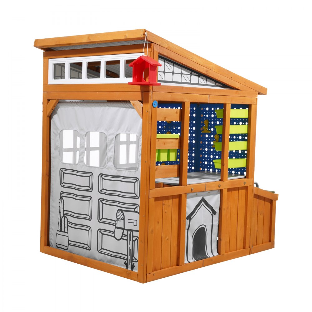 VEVOR Outdoor Playhouse, Cedar Wooden Kids Playhouse with Bird Nest, Doorbell, Trash Bin, Gravity Wall Set, Storage Pocket, Windowsill, Wooden Kids Cottage for Aged 3 to 10, Rounded Corners