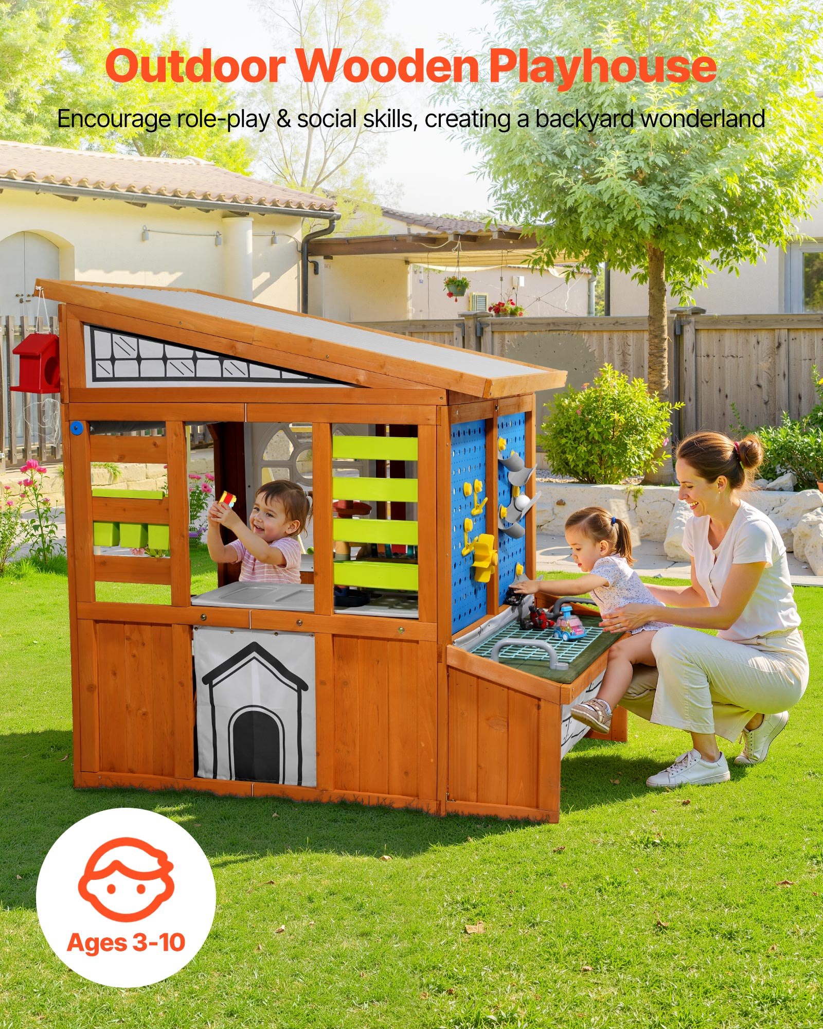 VEVOR Outdoor Playhouse, Cedar Wooden Kids Playhouse with Bird Nest, Doorbell, Trash Bin, Gravity Wall Set, Storage Pocket, Windowsill, Wooden Kids Cottage for Aged 3 to 10, Rounded Corners