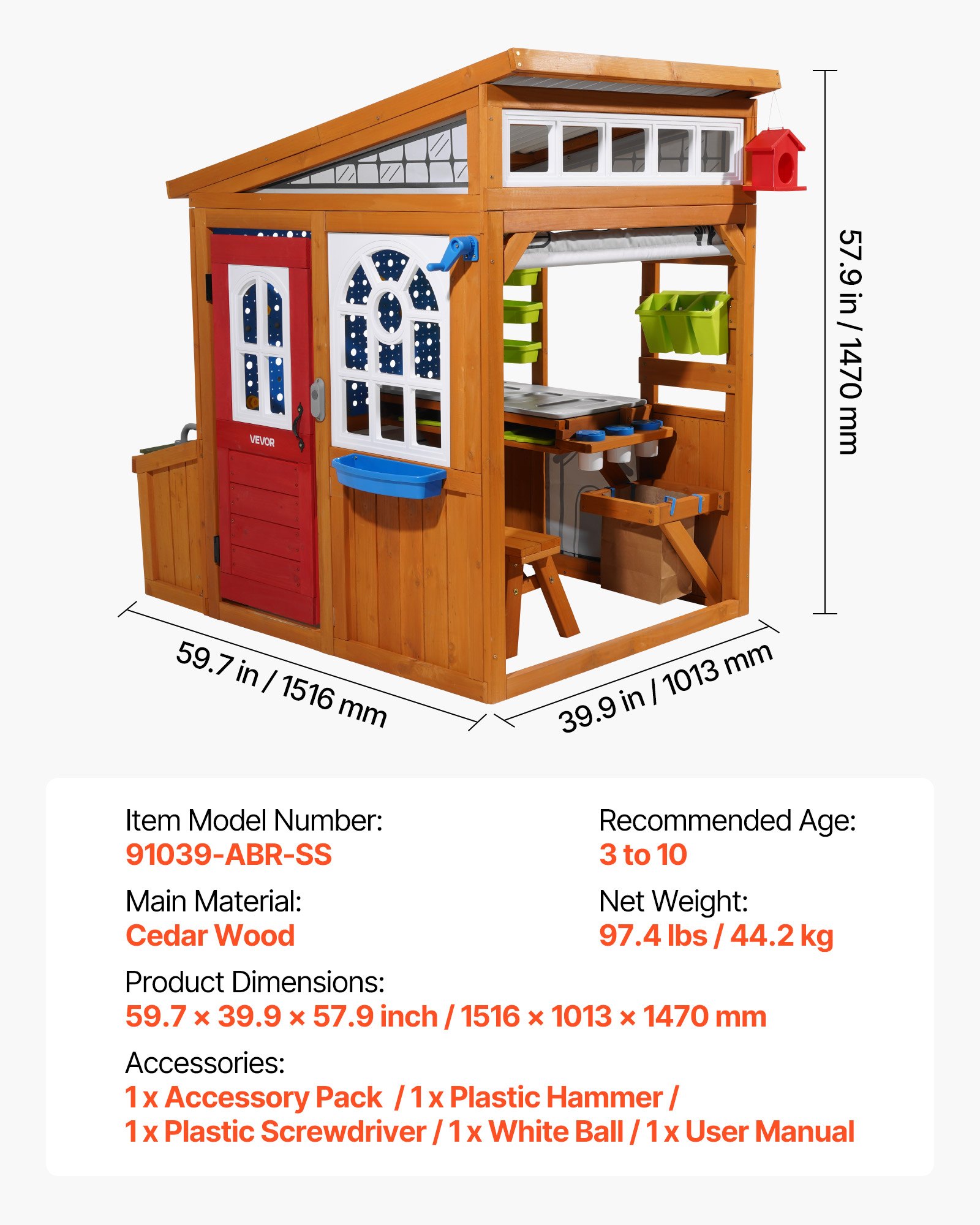VEVOR Outdoor Playhouse, Cedar Wooden Kids Playhouse with Bird Nest, Doorbell, Trash Bin, Gravity Wall Set, Storage Pocket, Windowsill, Wooden Kids Cottage for Aged 3 to 10, Rounded Corners