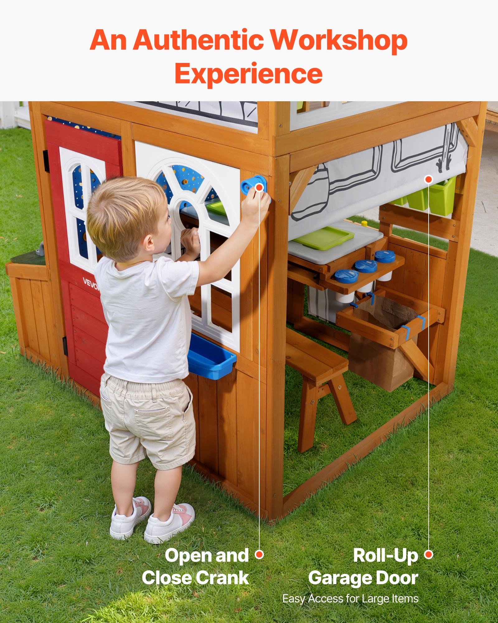 VEVOR Outdoor Playhouse, Cedar Wooden Kids Playhouse with Bird Nest, Doorbell, Trash Bin, Gravity Wall Set, Storage Pocket, Windowsill, Wooden Kids Cottage for Aged 3 to 10, Rounded Corners