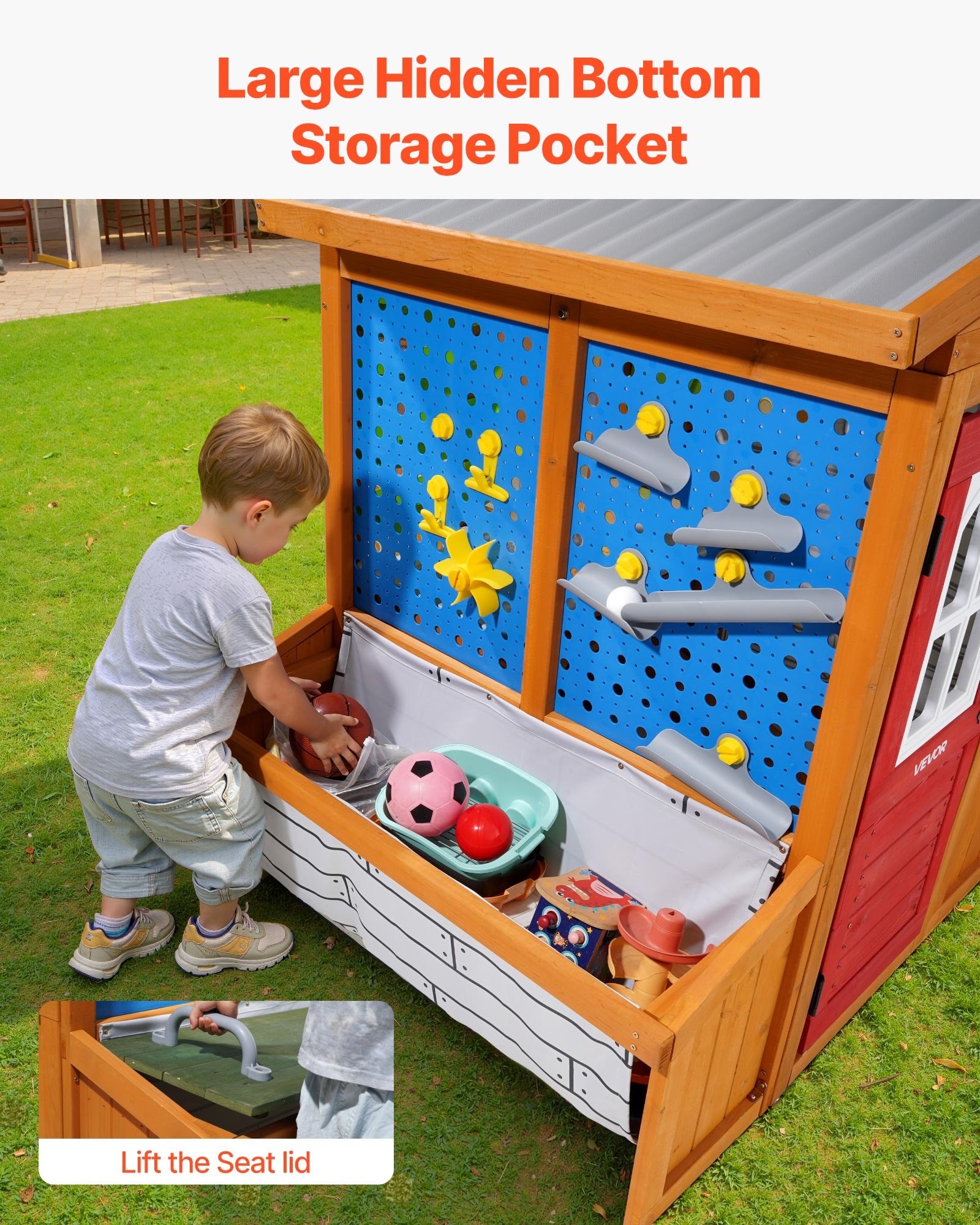 VEVOR Outdoor Playhouse, Cedar Wooden Kids Playhouse with Bird Nest, Doorbell, Trash Bin, Gravity Wall Set, Storage Pocket, Windowsill, Wooden Kids Cottage for Aged 3 to 10, Rounded Corners