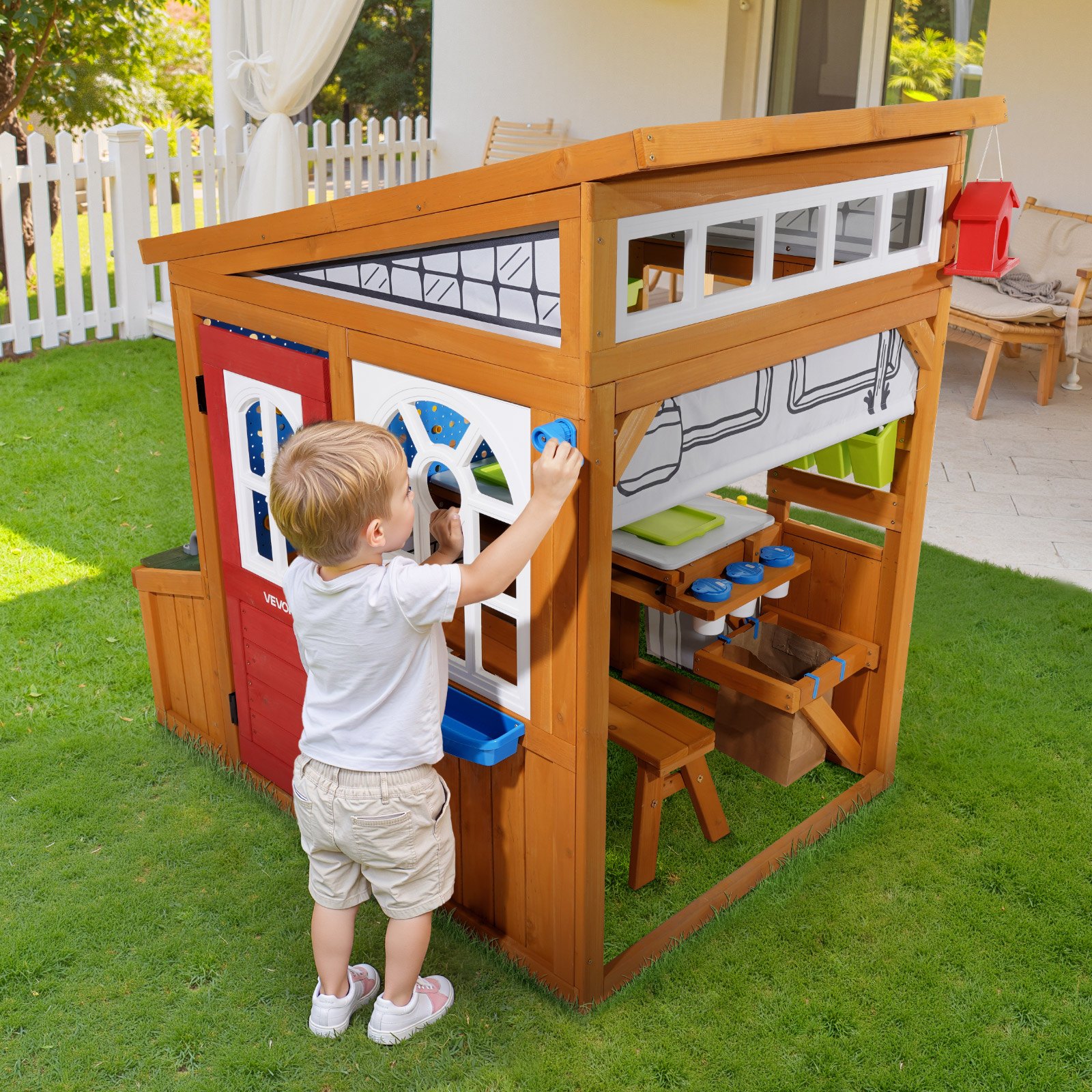 VEVOR Outdoor Playhouse, Cedar Wooden Kids Playhouse with Bird Nest, Doorbell, Trash Bin, Gravity Wall Set, Storage Pocket, Windowsill, Wooden Kids Cottage for Aged 3 to 10, Rounded Corners
