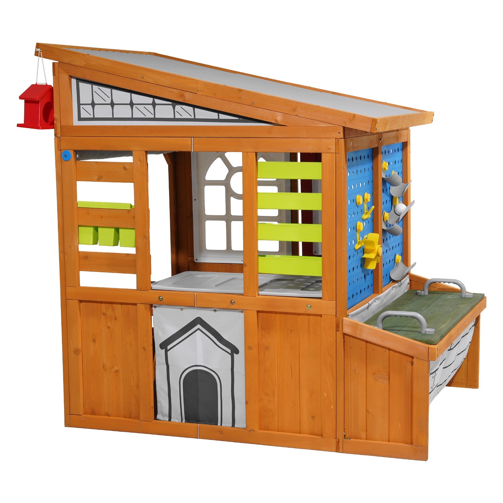 VEVOR Outdoor Playhouse, Cedar Wooden Kids Playhouse with Bird Nest, Doorbell, Trash Bin, Gravity Wall Set, Storage Pocket, Windowsill, Wooden Kids Cottage for Aged 3 to 10, Rounded Corners