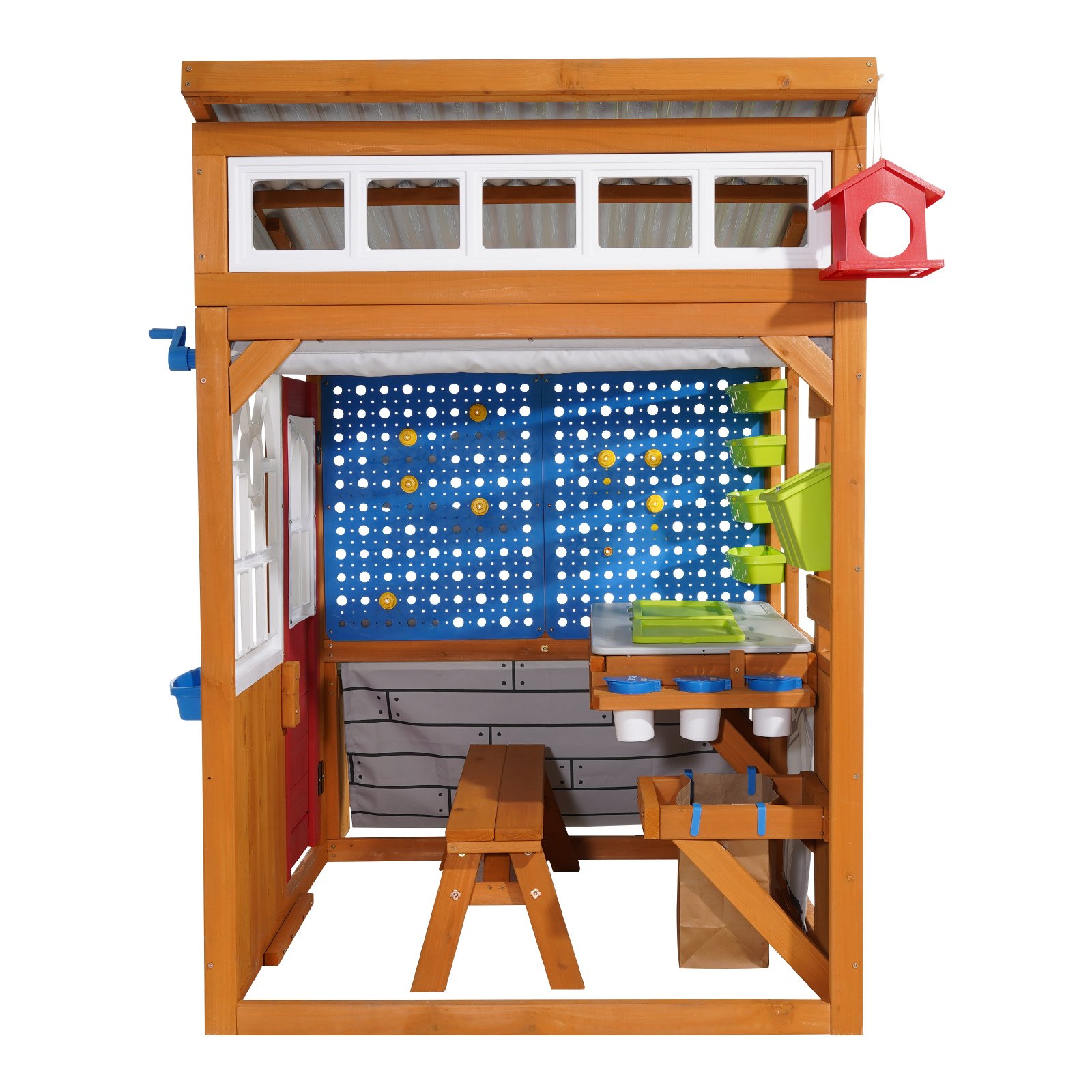 VEVOR Outdoor Playhouse, Cedar Wooden Kids Playhouse with Bird Nest, Doorbell, Trash Bin, Gravity Wall Set, Storage Pocket, Windowsill, Wooden Kids Cottage for Aged 3 to 10, Rounded Corners