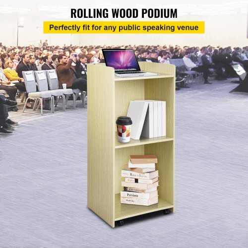VEVOR Wood Podium, 39.4 x 20 FT, Lecterns and Podiums w/ 4 Rolling Wheels, Baffle Plate & Shelf, Easy Assembly Oak Wood Lecterns for Church, Office, School, Home White