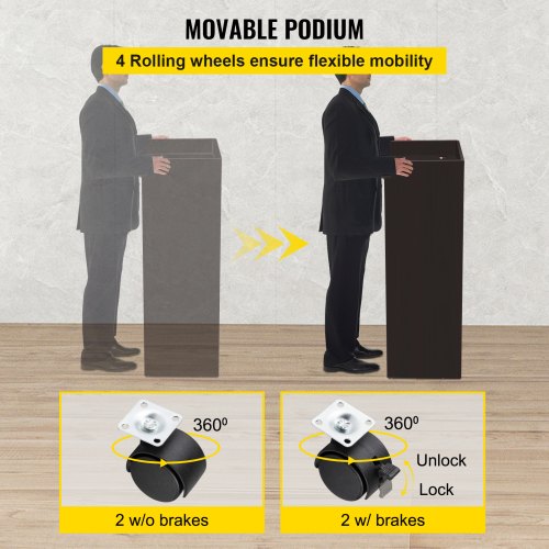 VEVOR Wood Podium, 60 x 40 x 120 cm, Lecterns and Podiums w/ 4 Rolling Wheels, Flat Surface, Baffle Plate & Shelf, Easy Assembly Ebony Lecterns for Church Office School Home, Black