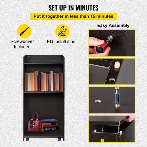VEVOR Wood Podium, 60 x 40 x 120 cm, Lecterns and Podiums w/ 4 Rolling Wheels, Flat Surface, Baffle Plate & Shelf, Easy Assembly Ebony Lecterns for Church Office School Home, Black