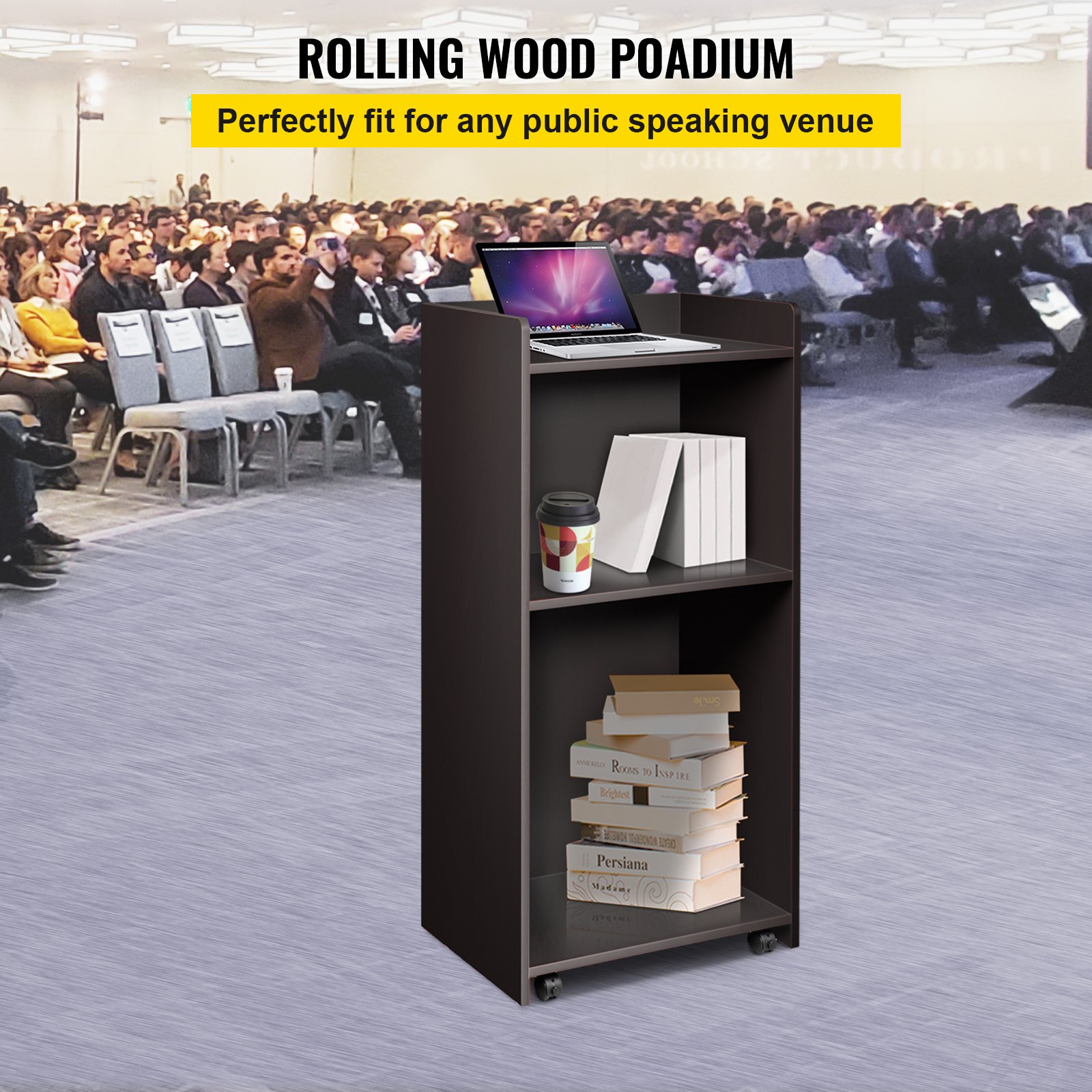 VEVOR Wood Podium, 60 x 40 x 120 cm, Lecterns and Podiums w/ 4 Rolling Wheels, Flat Surface, Baffle Plate & Shelf, Easy Assembly Ebony Lecterns for Church Office School Home, Black