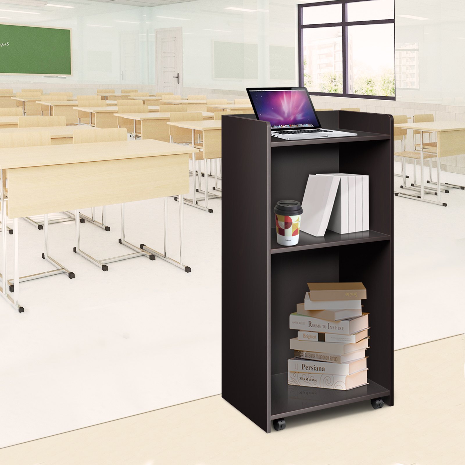 VEVOR Wood Podium, 60 x 40 x 120 cm, Lecterns and Podiums w/ 4 Rolling Wheels, Flat Surface, Baffle Plate & Shelf, Easy Assembly Ebony Lecterns for Church Office School Home, Black