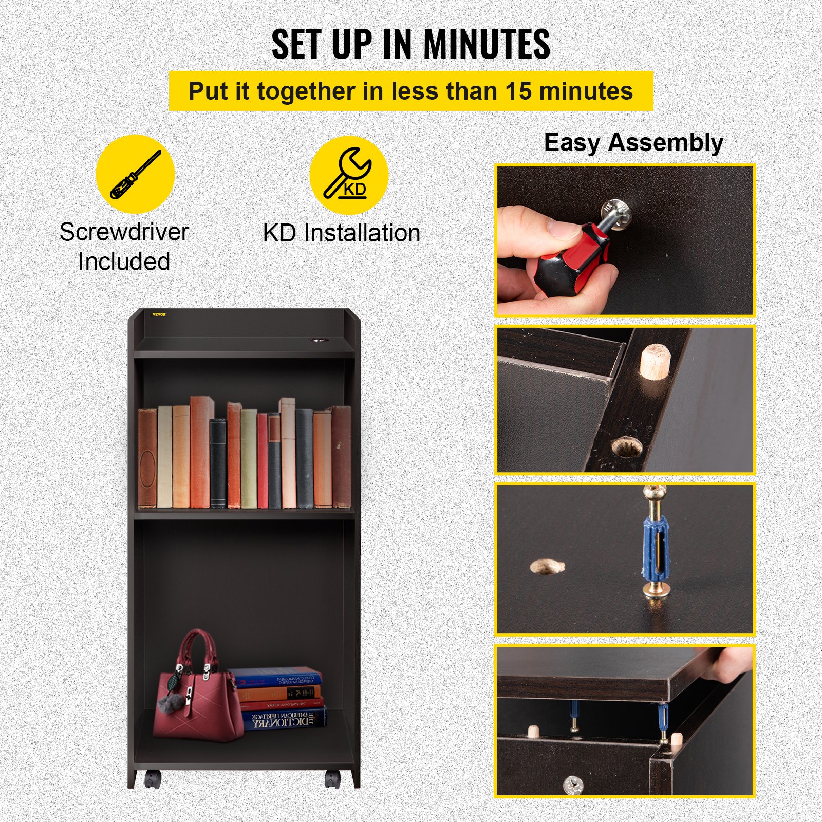 VEVOR Wood Podium Black Pulpit Lectern w/ 4 Rolling Wheels & Shelf for Church