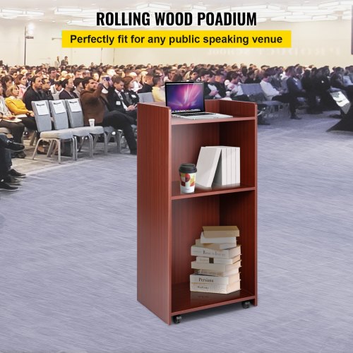 VEVOR Wood Podium, 2 x 4 FT, Lecterns and Podiums w/ 4 Rolling Wheels, Baffle Plate & Shelf, Easy Assembly Walnut Wood Lecterns for Church, Office, School, Home