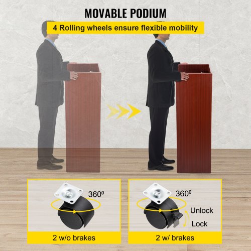 VEVOR Wood Podium, 2 x 4 FT, Lecterns and Podiums w/ 4 Rolling Wheels, Baffle Plate & Shelf, Easy Assembly Walnut Wood Lecterns for Church, Office, School, Home