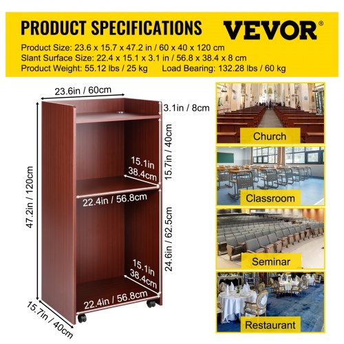 VEVOR Wood Podium, 2 x 4 FT, Lecterns and Podiums w/ 4 Rolling Wheels, Baffle Plate & Shelf, Easy Assembly Walnut Wood Lecterns for Church, Office, School, Home