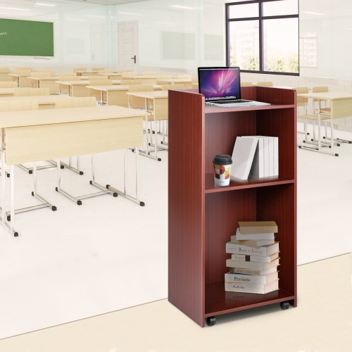 VEVOR Wood Podium, 2 x 4 FT, Lecterns and Podiums w/ 4 Rolling Wheels, Baffle Plate & Shelf, Easy Assembly Walnut Wood Lecterns for Church, Office, School, Home