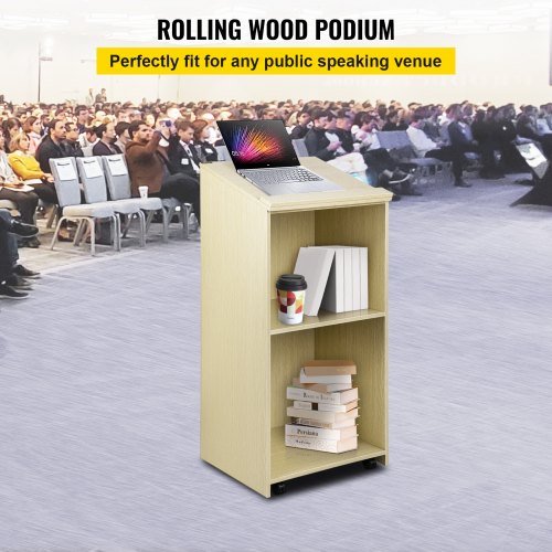VEVOR Wood Podium, 39.4 x 20 FT, Lecterns and Podiums w/ 4 Rolling Wheels, Slant Surface, Baffle Plate & Shelf, Easy Assembly Oak Lecterns for Church, Office, School, Home White