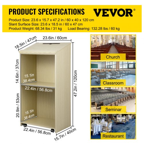 VEVOR Wood Podium, 39.4 x 20 FT, Lecterns and Podiums w/ 4 Rolling Wheels, Slant Surface, Baffle Plate & Shelf, Easy Assembly Oak Lecterns for Church, Office, School, Home White