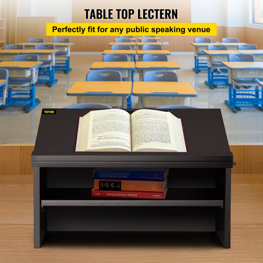 VEVOR Table Top Lectern, 23.6" x 19.3", Tabletop Podiums w/Open Storage Compartment, Slant Reading Surface, Baffle Plate, Easy Assembly Ebony Lecterns for Church Office School Home, Black
