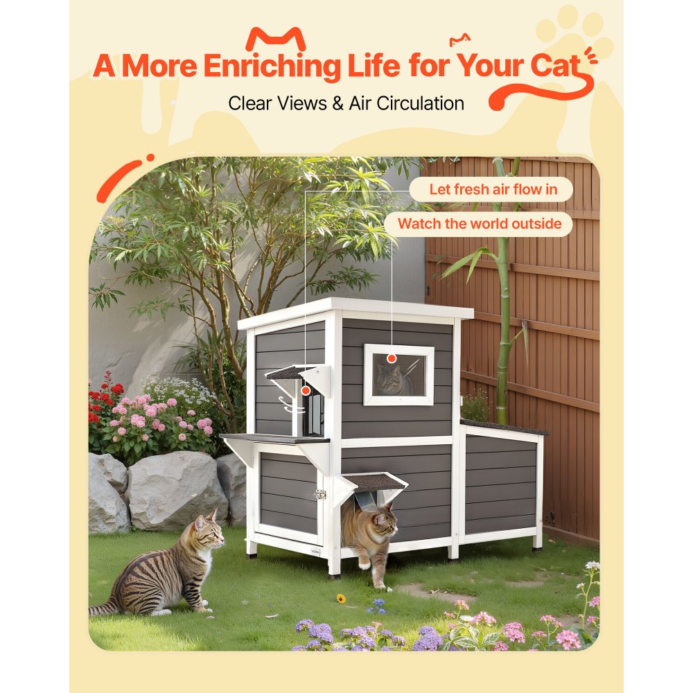 VEVOR Outdoor Cat House, 2-Story Wooden Cat Shelter for 3 Outside Cats in Winter, Elevated Feral Kitty Shelter with Stairs, Clear Window & Flap Doors, Waterproof Cats Condos for Garden 42 × 25 × 34 in