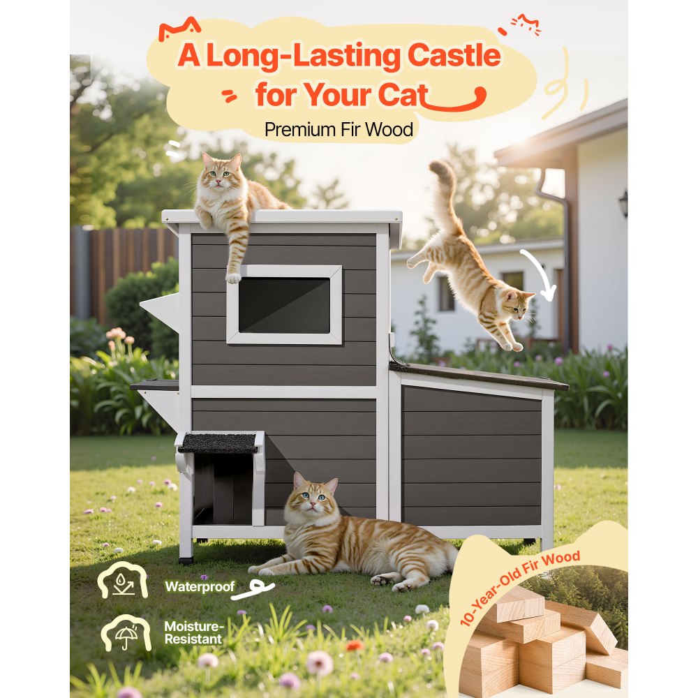 VEVOR Outdoor Cat House, 2-Story Wooden Cat Shelter for 3 Outside Cats in Winter, Elevated Feral Kitty Shelter with Stairs, Clear Window & Flap Doors, Waterproof Cats Condos for Garden 42 × 25 × 34 in
