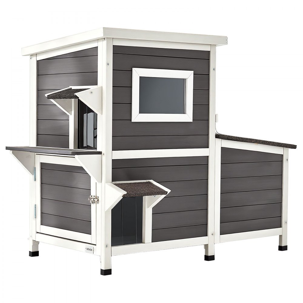 VEVOR Outdoor Cat House, 2-Story Wooden Cat Shelter for 3 Outside Cats in Winter, Elevated Feral Kitty Shelter with Stairs, Clear Window & Flap Doors, Waterproof Cats Condos for Garden 42 × 25 × 34 in