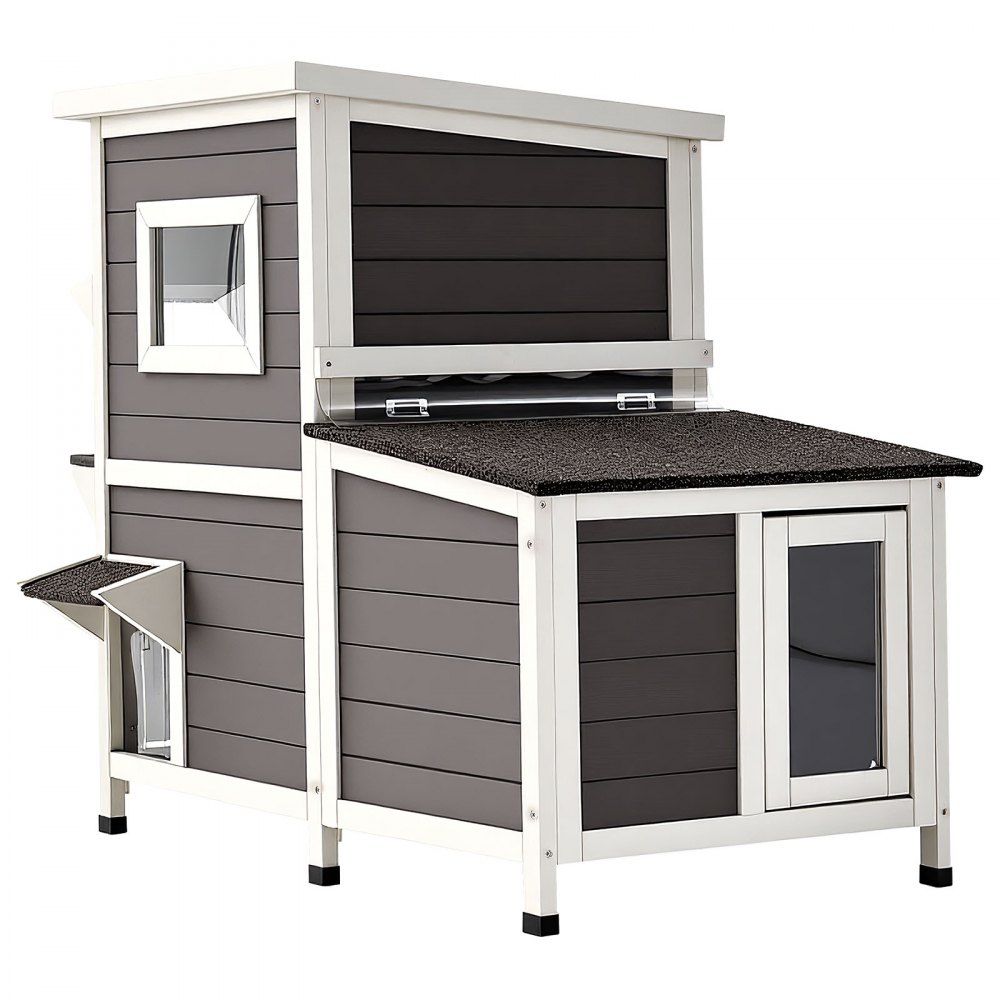 VEVOR Outdoor Cat House, 2-Story Wooden Cat Shelter for 3 Outside Cats in Winter, Elevated Feral Kitty Shelter with Stairs, Clear Window & Flap Doors, Waterproof Cats Condos for Garden 42 × 25 × 34 in