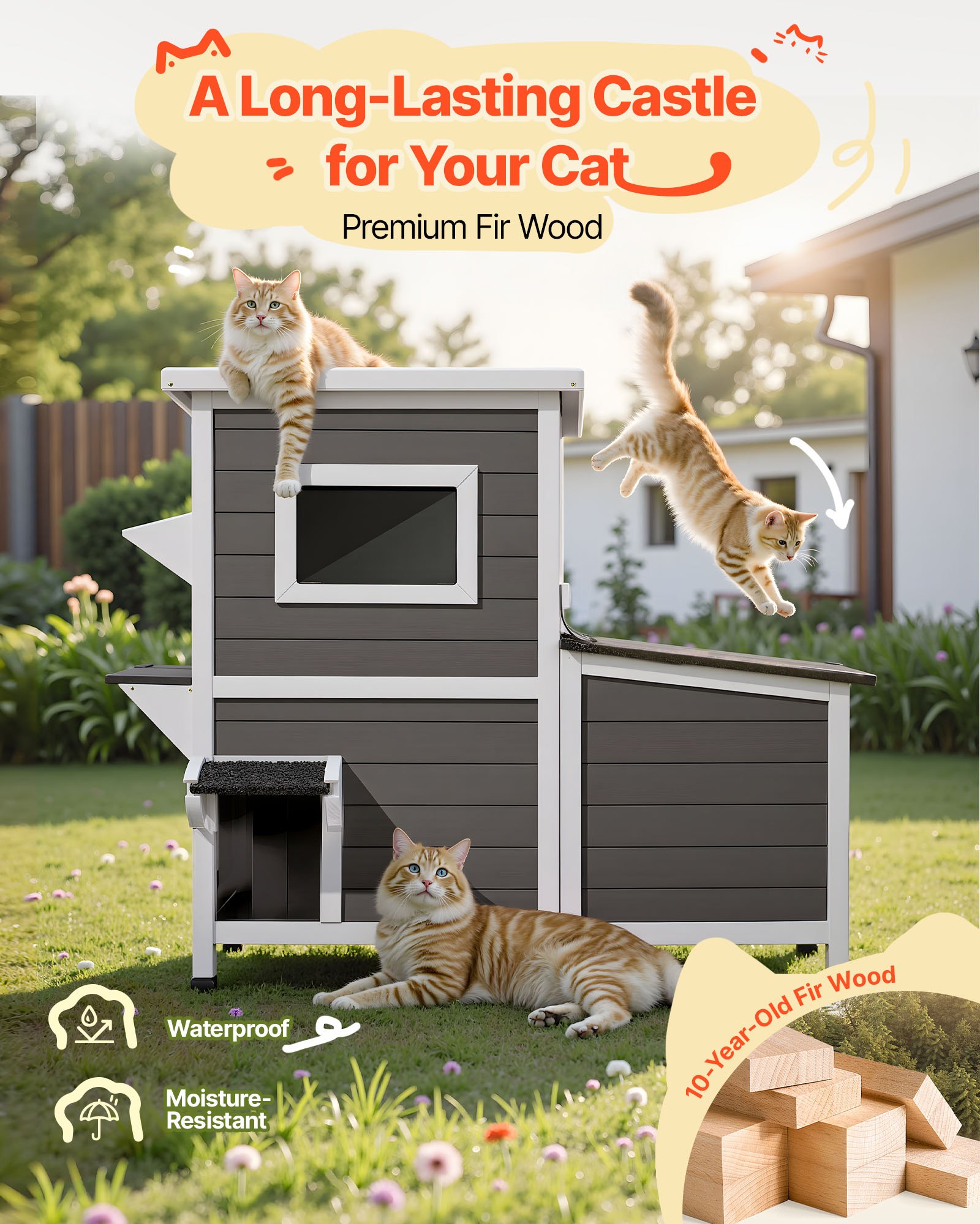 VEVOR Outdoor Cat House, 2-Story Wooden Cat Shelter for 3 Outside Cats in Winter, Elevated Feral Kitty Shelter with Stairs, Clear Window & Flap Doors, Waterproof Cats Condos for Garden 42 × 25 × 34 in