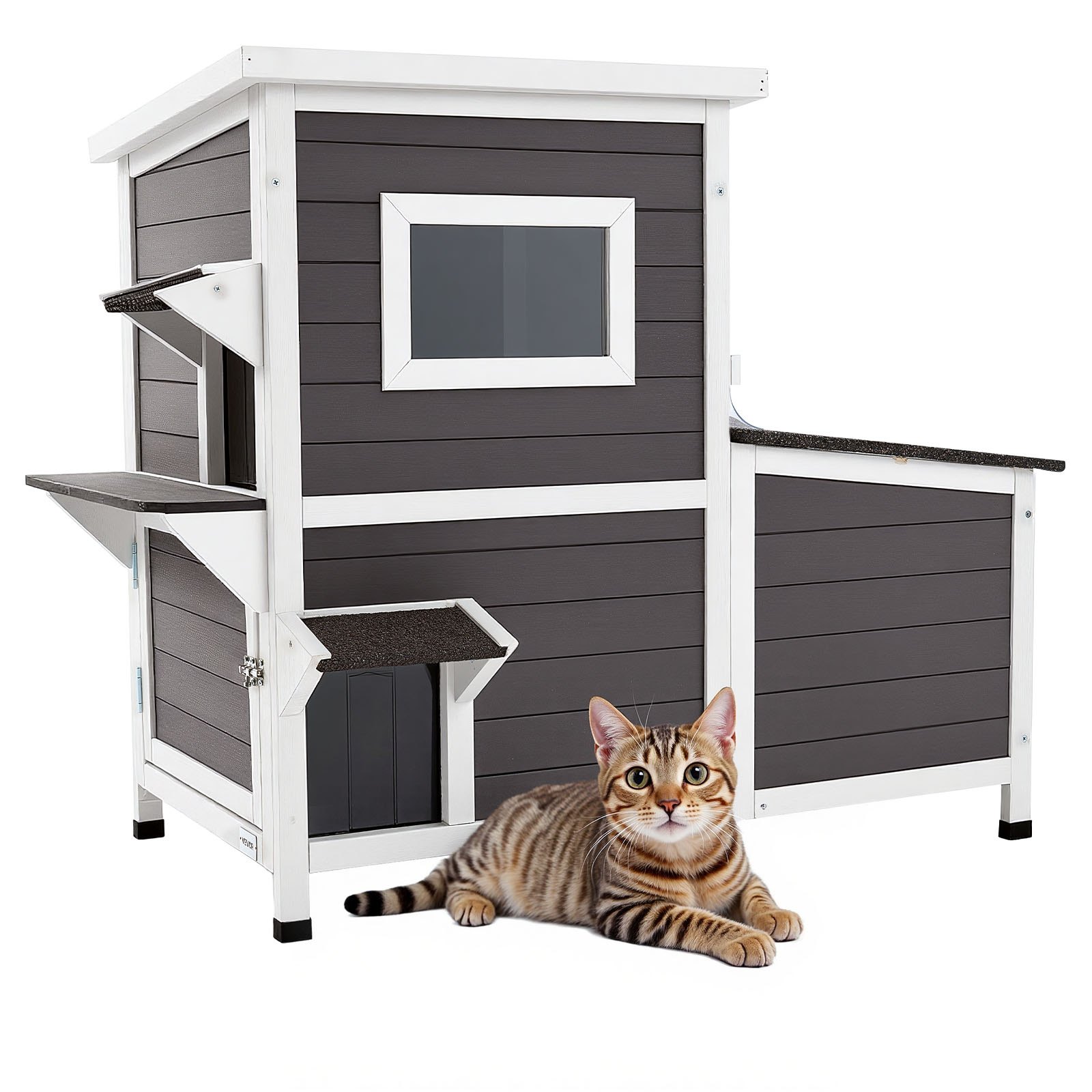 VEVOR Outdoor Cat House, 2-Story Wooden Cat Shelter for 3 Outside Cats in Winter, Elevated Feral Kitty Shelter with Stairs, Clear Window & Flap Doors, Waterproof Cats Condos for Garden 42 × 25 × 34 in