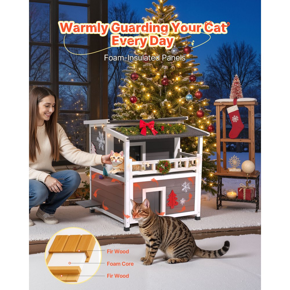 VEVOR Insulated Cat House, 2-Story Wooden Cat Shelter, Foam Insulation, Feral Kitty Shelter with Balcony, Waterproof Cats Condos for Indoor & Outdoor 1-3 Cats in Winter 33 x 29.5 x 32 in