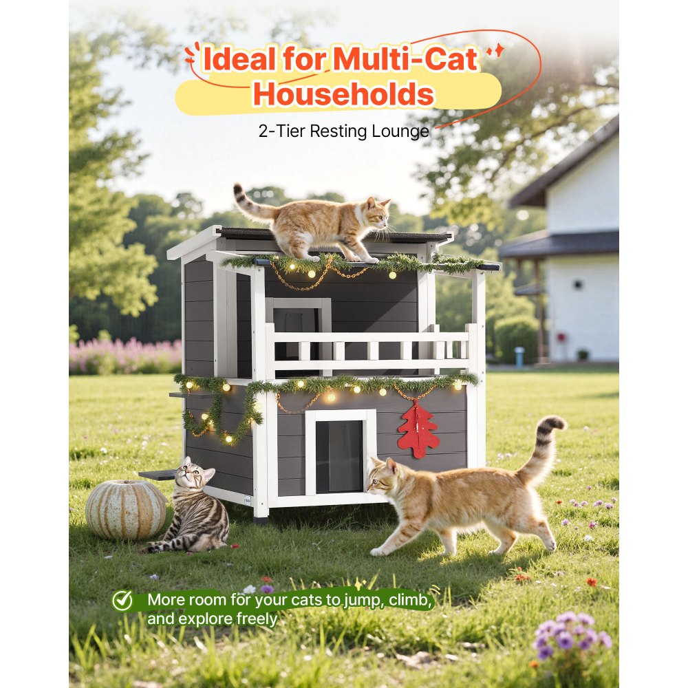 VEVOR Insulated Cat House, 2-Story Wooden Cat Shelter, Foam Insulation, Feral Kitty Shelter with Balcony, Waterproof Cats Condos for Indoor & Outdoor 1-3 Cats in Winter 33 x 29.5 x 32 in