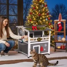 VEVOR Insulated Cat House, 2-Story Wooden Cat Shelter, Foam Insulation, Feral Kitty Shelter with Balcony, Waterproof Cats Condos for Indoor & Outdoor 1-3 Cats in Winter 33 x 29.5 x 32 in
