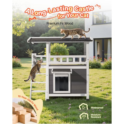 VEVOR Outdoor Cat House, 2-Story Wooden Cat Shelter with Stairs