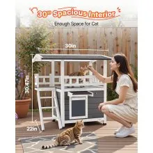 VEVOR Outdoor Cat House, 2-Story Wooden Cat Shelter with Stairs & Balcony, Elevated Feral Kitty Shelter, Spacious Room, Waterproof Cats Condos for Indoor & Outdoor Cats in Winter 30 x 22 x 30 in