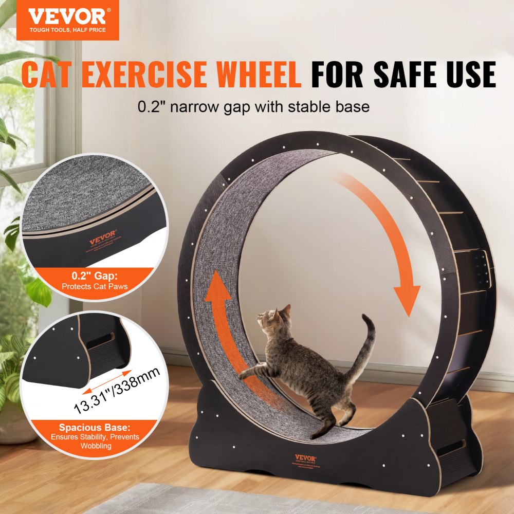 VEVOR Wooden Cat Exercise Wheel, 43.3" Large Cat Treadmill Wheel for Indoor Cats, Cat Running Wheel with Detachable Carpet & Cat Teaser for Running/Walking/Training, Suitable for Most Cats Black