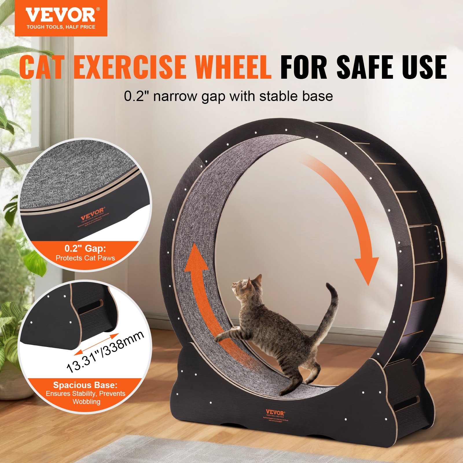 VEVOR Wooden Cat Exercise Wheel, 43.3" Large Cat Treadmill Wheel for Indoor Cats, Cat Running Wheel with Detachable Carpet & Cat Teaser for Running/Walking/Training, Suitable for Most Cats Black