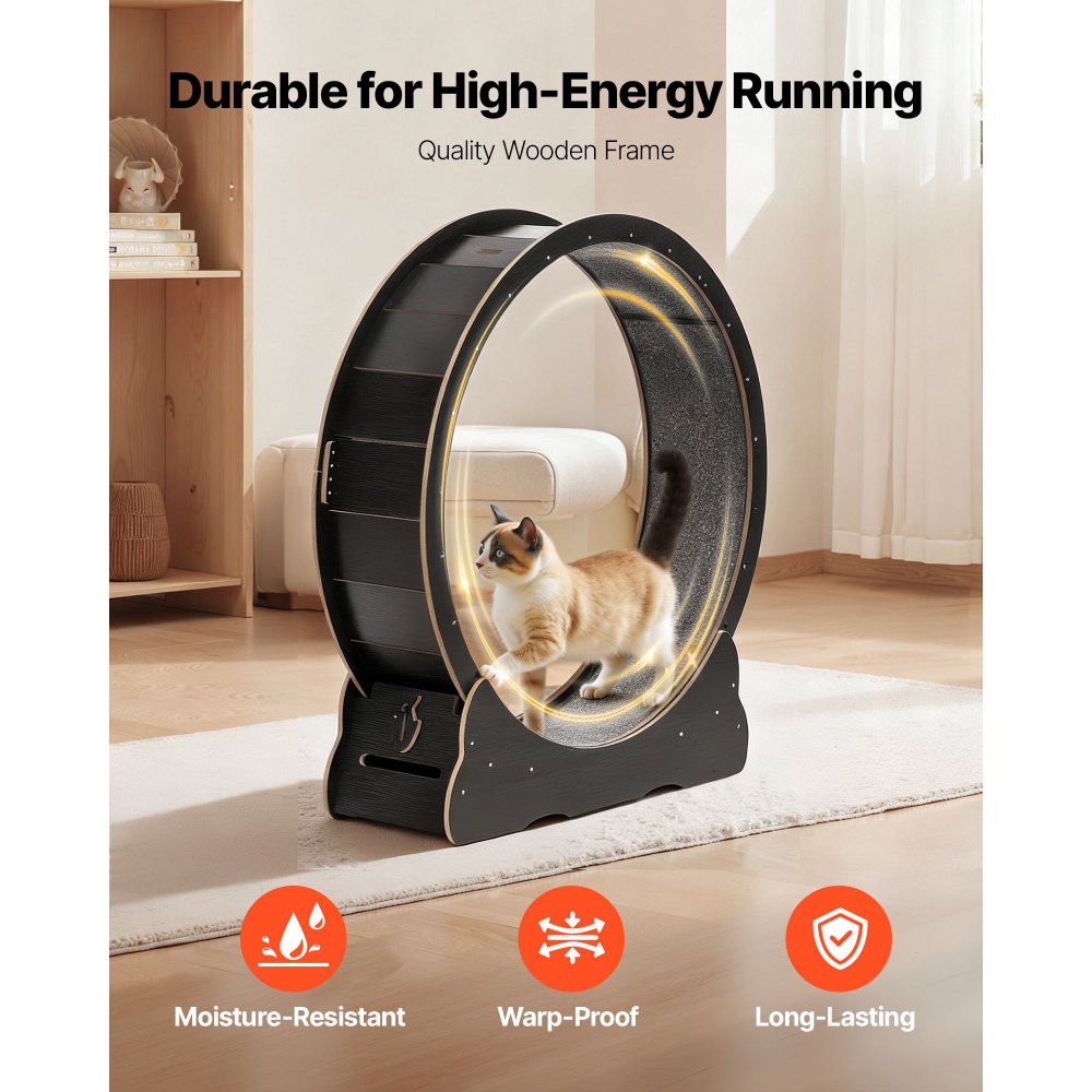VEVOR Cat Exercise Wheel, 120 cm Wooden Cat Running Wheel for Indoor Cats up to 12.7 kg, Cats Treadmill with Carpeted Runway & Locking Mechanism, Quiet Kitten Sport Toys for Pets Fitness, Black