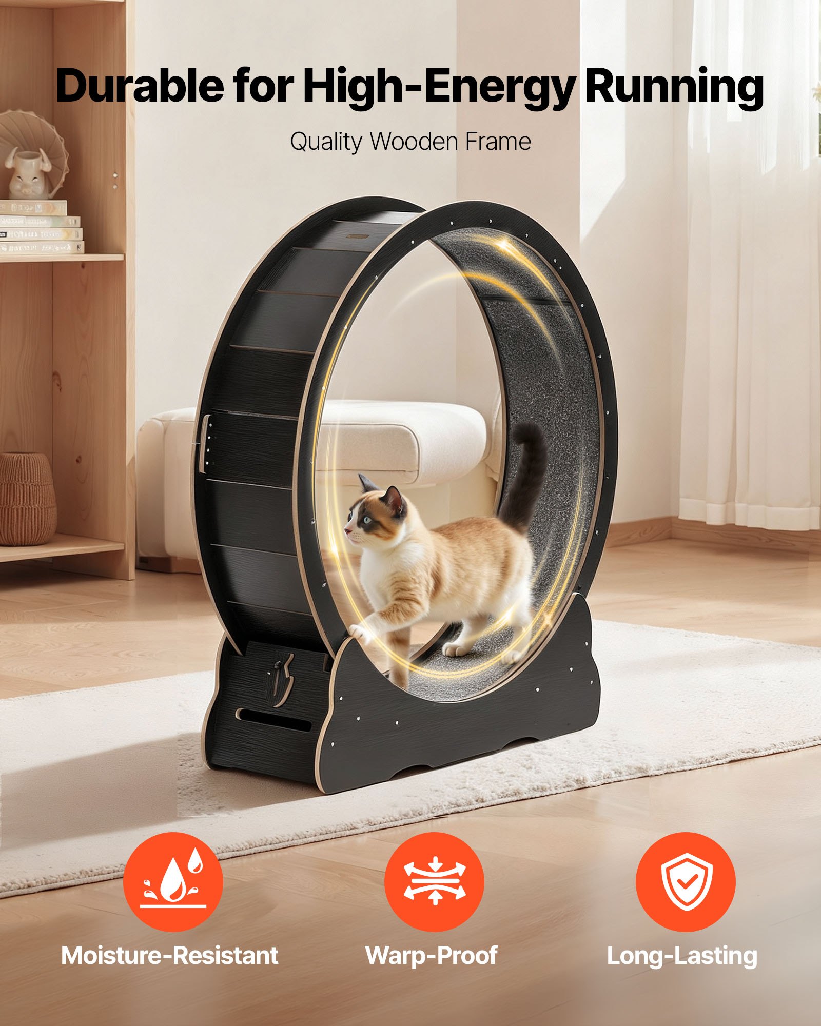 VEVOR Cat Exercise Wheel, 120 cm Wooden Cat Running Wheel for Indoor Cats up to 12.7 kg, Cats Treadmill with Carpeted Runway & Locking Mechanism, Quiet Kitten Sport Toys for Pets Fitness, Black