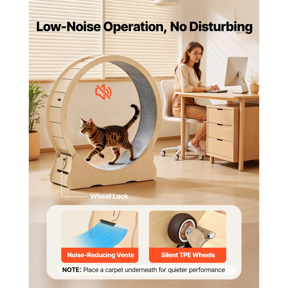 VEVOR Cat Exercise Wheel, 120cm Wooden Cat Running Wheel for Indoor Cats up to 12.7kg Cats Treadmill with Carpeted Runway & Locking Mechanism, Quiet Roller Kitten Sport Toys for Pets Fitness & Health