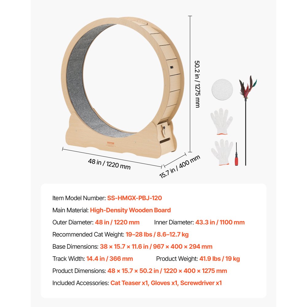 VEVOR Cat Exercise Wheel, 120cm Wooden Cat Running Wheel for Indoor Cats up to 12.7kg Cats Treadmill with Carpeted Runway & Locking Mechanism, Quiet Roller Kitten Sport Toys for Pets Fitness & Health