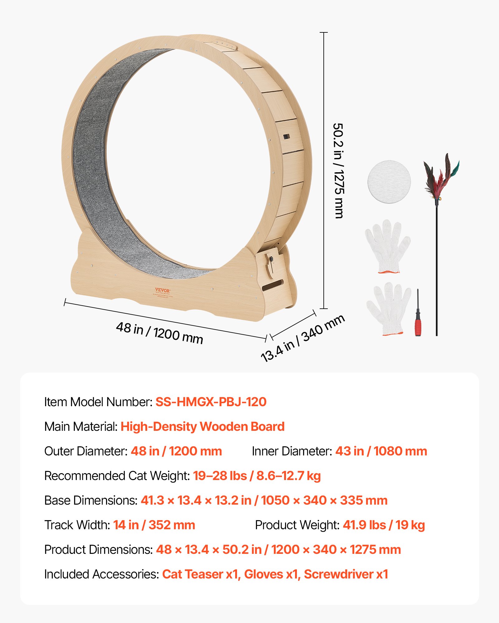 VEVOR Cat Exercise Wheel, 120cm Wooden Cat Running Wheel for Indoor Cats up to 12.7kg Cats Treadmill with Carpeted Runway & Locking Mechanism, Quiet Roller Kitten Sport Toys for Pets Fitness & Health