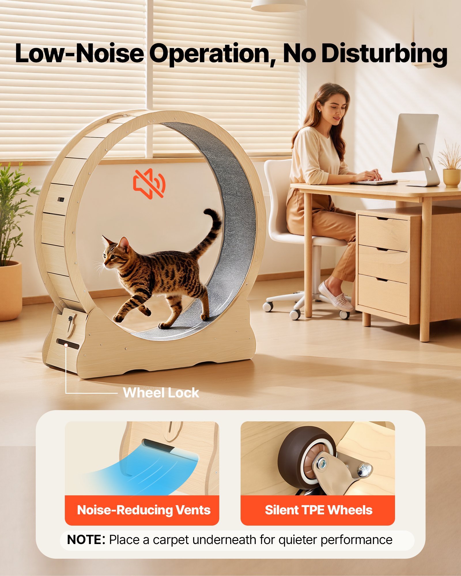 VEVOR Cat Exercise Wheel, 120cm Wooden Cat Running Wheel for Indoor Cats up to 12.7kg Cats Treadmill with Carpeted Runway & Locking Mechanism, Quiet Roller Kitten Sport Toys for Pets Fitness & Health