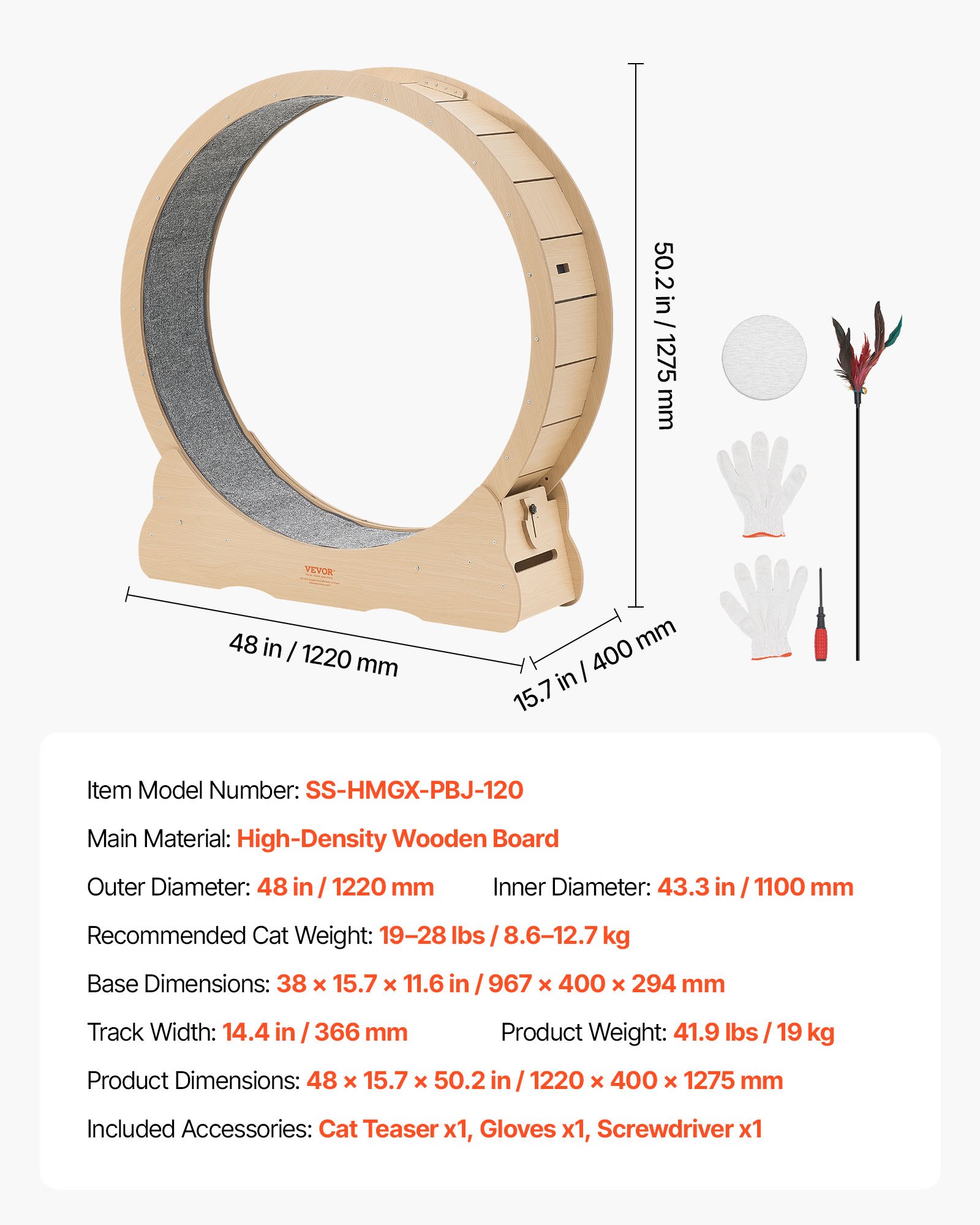 VEVOR Cat Exercise Wheel, 120cm Wooden Cat Running Wheel for Indoor Cats up to 12.7kg Cats Treadmill with Carpeted Runway & Locking Mechanism, Quiet Roller Kitten Sport Toys for Pets Fitness & Health