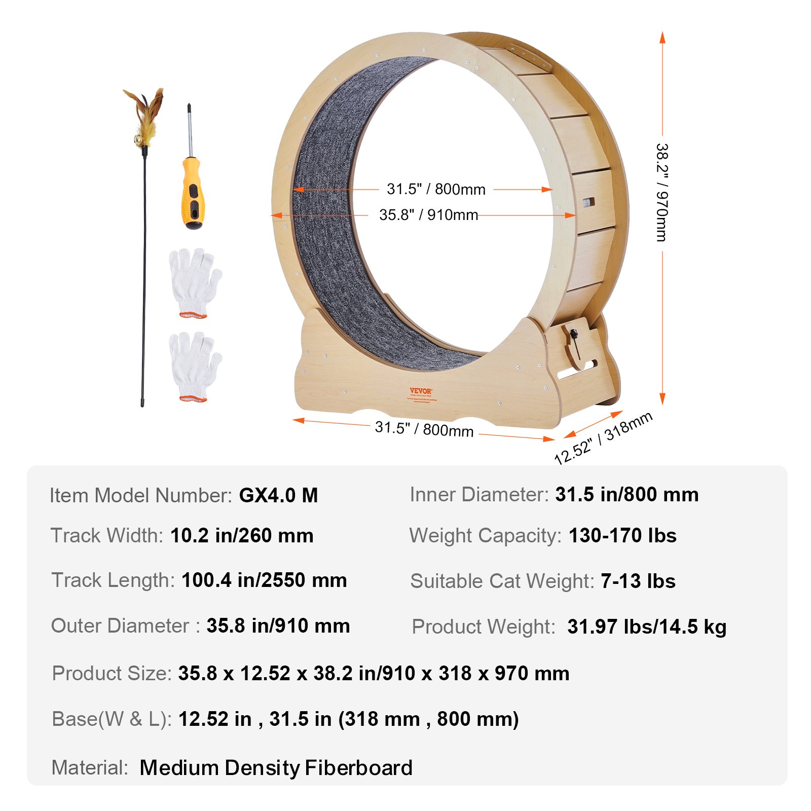 VEVOR Cat Exercise Wheel, Large Cat Treadmill Wheel for Indoor Cats, 35.8 inch Cat Running Wheel with Detachable Carpet and Cat Teaser for Running/Walking/Training, Suitable for Most Cats