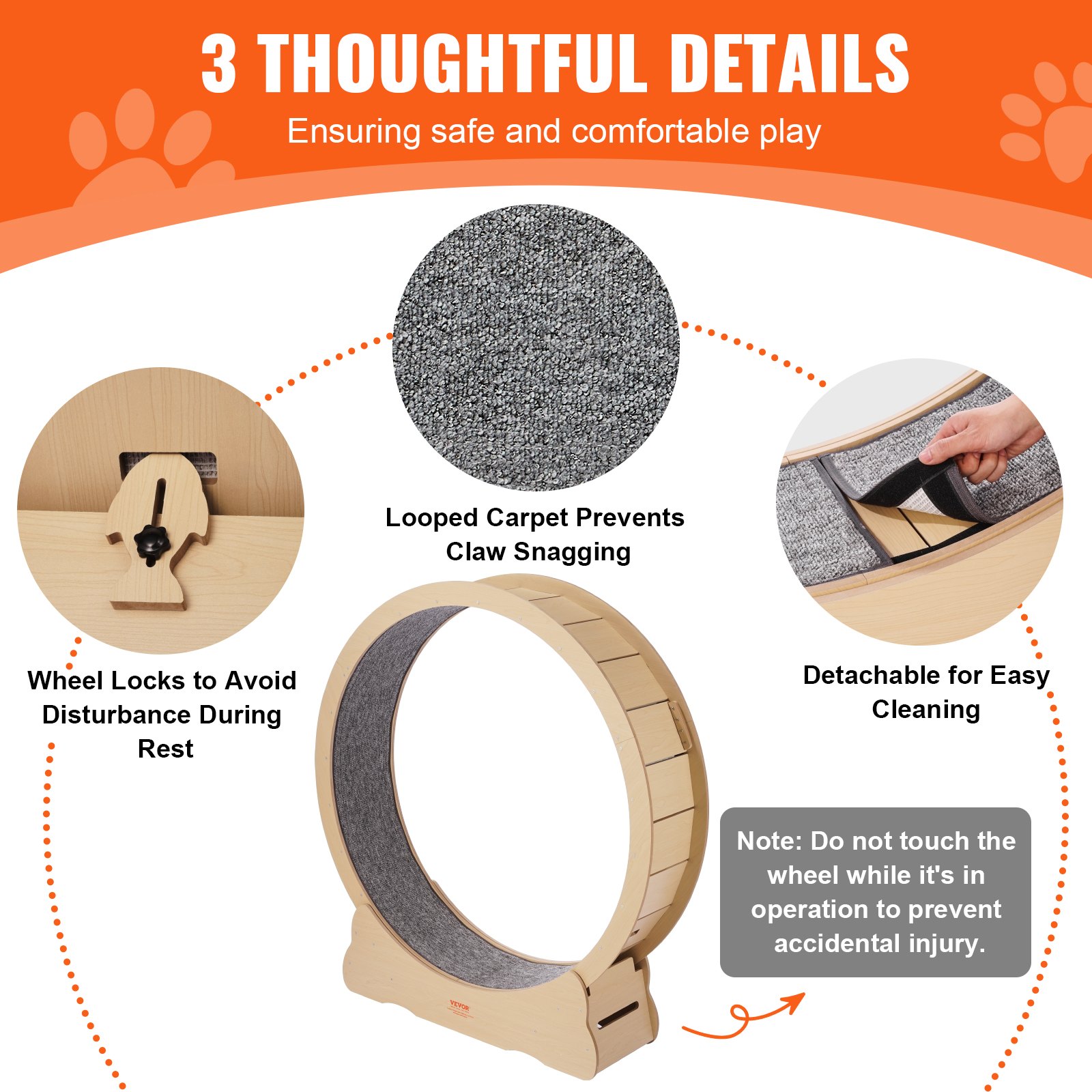 VEVOR Wooden Cat Exercise Wheel, 52" Large Cat Treadmill Wheel for Indoor Cats, Cat Running Wheel with Detachable Carpet & Cat Teaser for Running/Walking/Training, Suitable for Most Cats