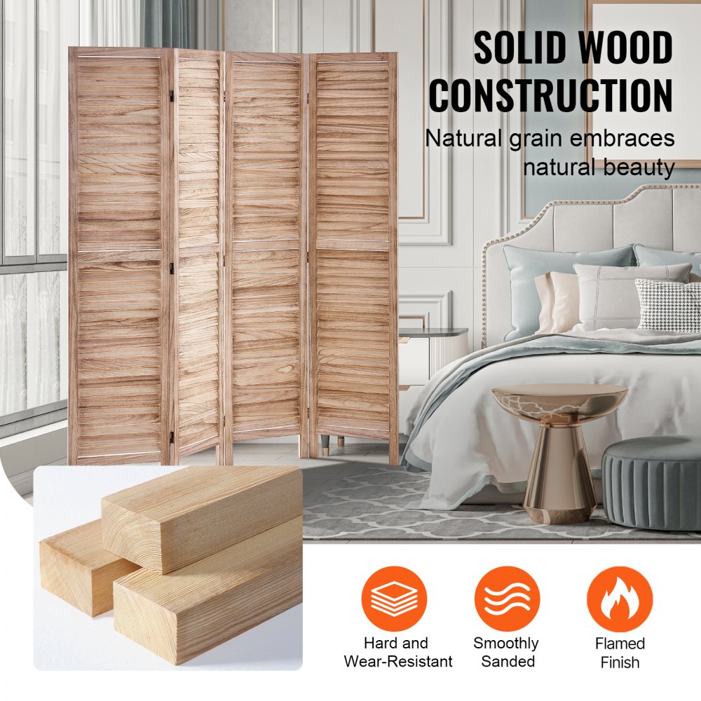 VEVOR Wood Room Divider, 4 Panel Wood Folding Privacy Screen, 66.9 Inches Tall Indoor Louvered Wooden Partition, Portable Decoration Screen, for Room Separation, Home, Office, Restaurant & Bedroom