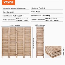 VEVOR Wood Room Divider, 4 Panel Wood Folding Privacy Screen, 66.9 Inches Tall Indoor Louvered Wooden Partition, Portable Decoration Screen, for Room Separation, Home, Office, Restaurant & Bedroom