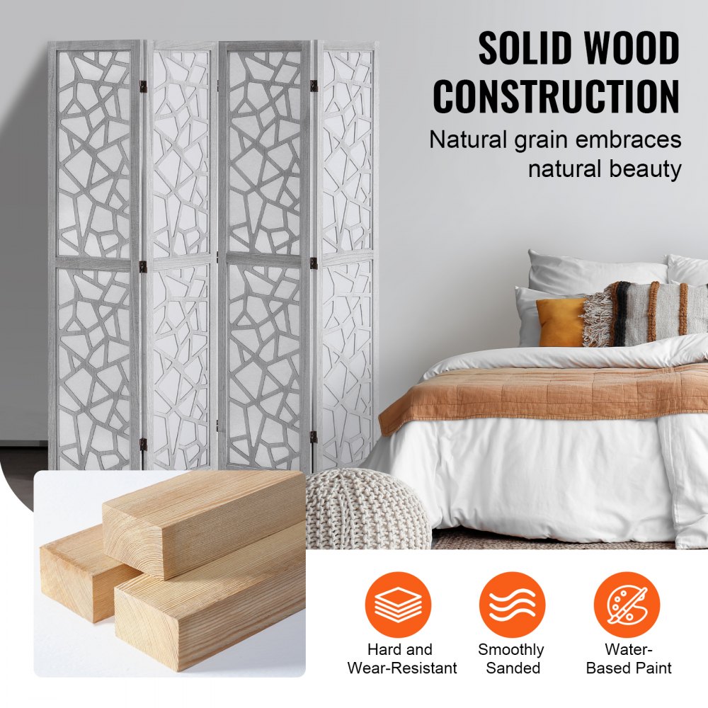 VEVOR Wood Room Divider, 4 Panel Wood Folding Privacy Screen, 66.9 Inches Tall Indoor Carved Wooden Partition, Portable Decoration Screen, for Room Separation, Home, Office, Restaurant & Bedroom