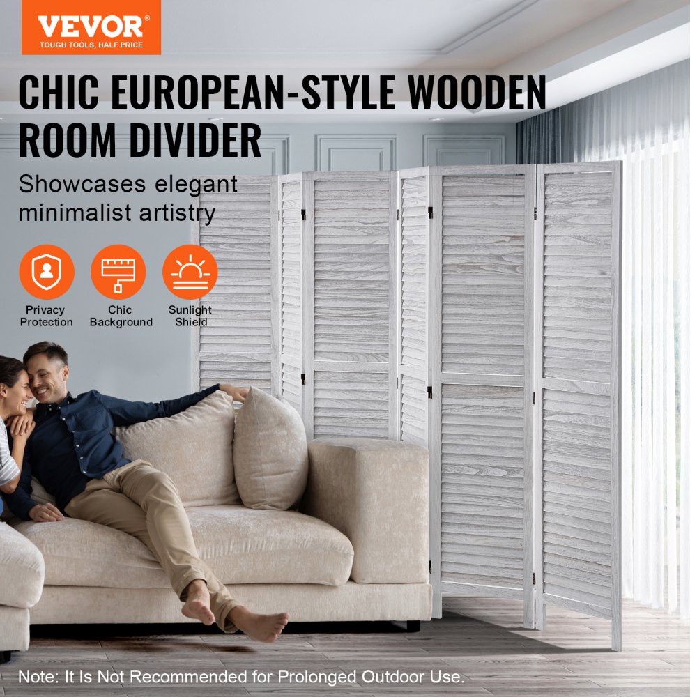 VEVOR Wood Room Divider, 6 Panel Wood Folding Privacy Screen, 66.9 Inches Tall Indoor Louvered Wooden Partition, Portable Decoration Screen, for Room Separation, Home, Office, Restaurant & Bedroom