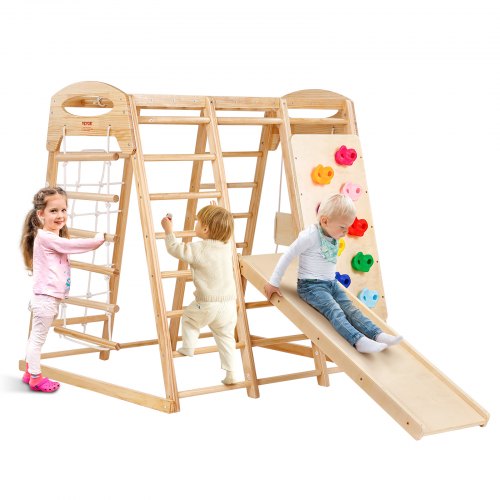 VEVOR Indoor Jungle Gym, 7-in-1 Toddler Indoor Playground, Wooden Toddler Climbing Toys Indoor with Wood & Rope Ladder, Net Ladder, Swing, Monkey Bar, Slide, Climbing Wall, 47.2 x 58 x 56in