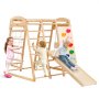 children playing on VEVOR indoor jungle gym with slide, climbing wall, and ladder in natural wood.